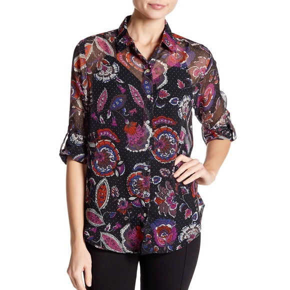 NWT Casual Studio Sheer Long Sleeve Paisley Blouse - Picture 1 of 6